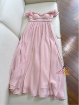 Pink Chiffon Off the Shoulder Pleats Prom Dress
