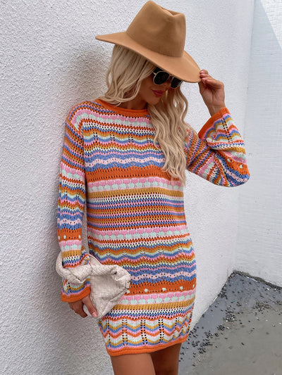 Round Neck Rainbow Striped Pullover Sweater