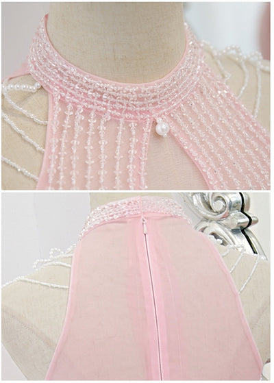 Pink Chiffon High Neck Beading Prom Dress