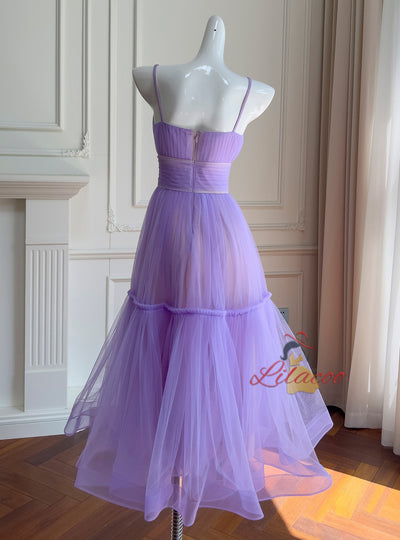 Purple Tulle Straps Pleats Prom Dress