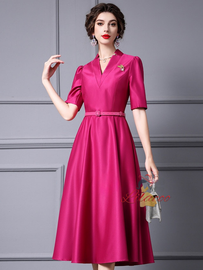 Fuchsia V-neck Satin Mother Of The Bride Dress