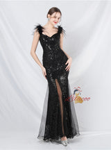 Mermaid Sequins Straps Split Prom Dress