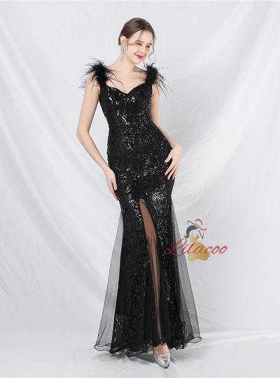 Mermaid Sequins Straps Split Prom Dress