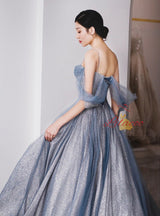 Blue Tulle Sequins Pleats Straps Beading Prom Dress