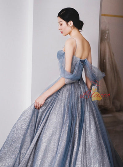 Blue Tulle Sequins Pleats Straps Beading Prom Dress