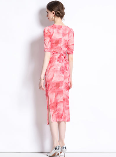 Pink Smudge Gradient Gauze V-neck Dress