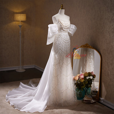 White Mermaid Sequins Pearls Wedding Dress