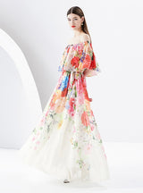 Irregular Diagonal Shoulder Chiffon Floral Dress