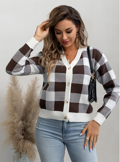 Retro Contrast Check Sweater Coat