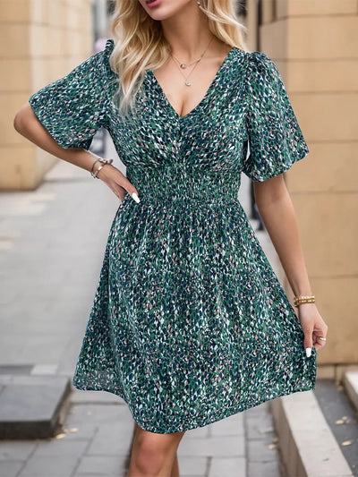 V-neck Print High Waist Dress