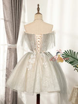 Gray Tulle Off the Shoulder Appliques Homecoming Dress