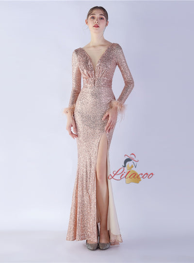 Long Sleeve Mermaid Sequins Prom Dress