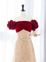 Champagne Sequins Off the Shoulder Prom Dress