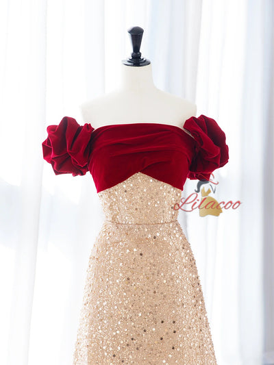 Champagne Sequins Off the Shoulder Prom Dress