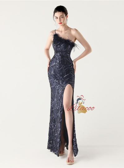 Mermaid One Shoulder Sequins Feather Prom Dress