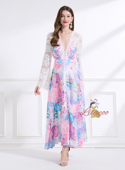Palace Deep V-neck Lace Printed Dress