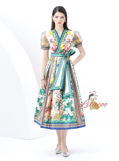 Short-sleeved Wide Swing Print Long Dress
