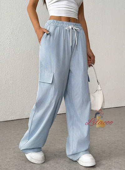 Women Casual Elastic Striped Pants