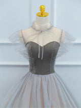 Gray Tulle Velvet Beading Prom Dress