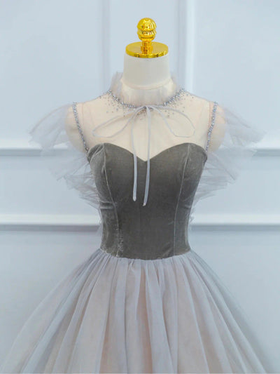 Gray Tulle Velvet Beading Prom Dress