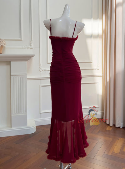 Burgundy Pleats Irregular Suspender Dress