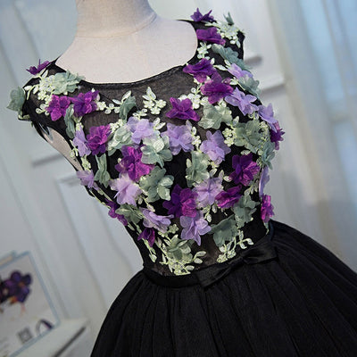 Black Tulle Backless 3D Flower Homecoming Dress