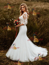 White Mermaid Tulle Appliques Short Sleeve Wedding Dress