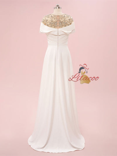 White Scoop Crystal Cap Sleeve Pleats Prom Dress