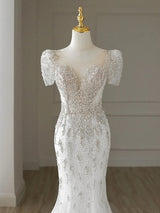 White Mermaid Short Sleeve Wedding Dress