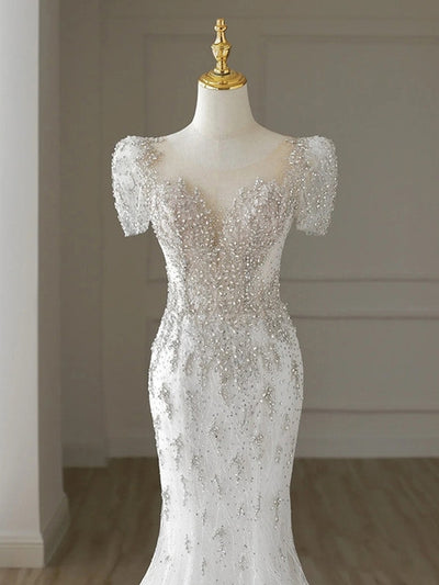 White Mermaid Short Sleeve Wedding Dress