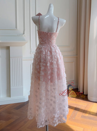 Pink Tulle 3D Flower Straps Bow Prom Dress