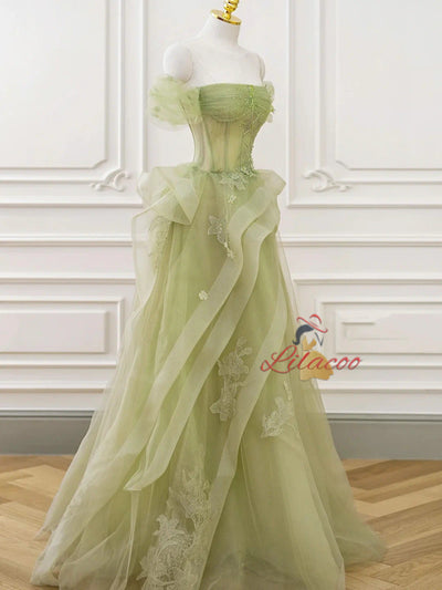 Green Tulle Beading Appliques Prom Dress