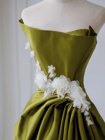 Green Satin Strapless Appliques Pleats Prom Dress