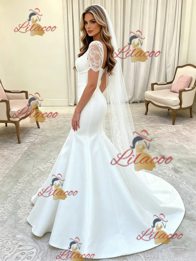 White Mermaid Satin Short Sleeve Lace Wedding Dress