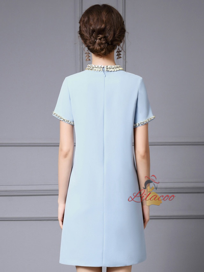 Blue Short Sleeve Crystal Mother Of The Bride Dress