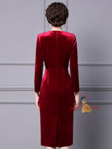 Burgundy Velvet Long Sleeve Beading Mother Of The Bride Dress