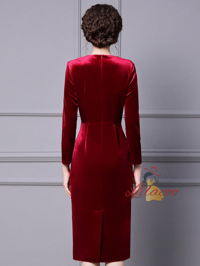 Burgundy Velvet Long Sleeve Beading Mother Of The Bride Dress