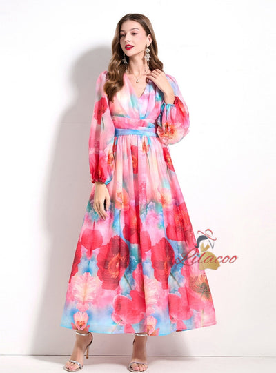 Palace V-neck Lantern Sleeve Printed Long Dress