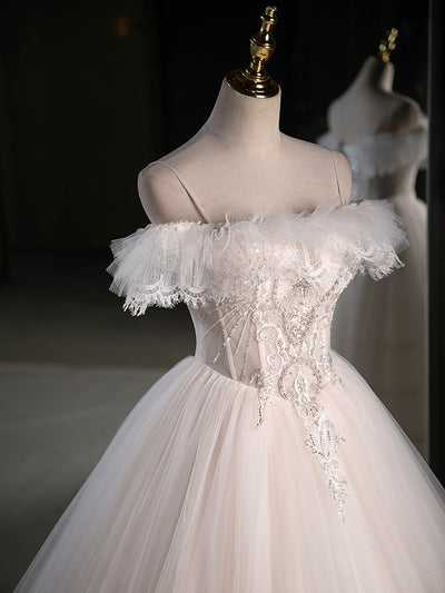 Beige Tulle Lace Spaghetti Straps Wedding Dress