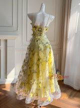 Yellow Tulle Print 3D Flower Prom Dress