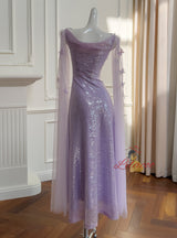 Purple Sequins Tulle Sleeveless Prom Dress