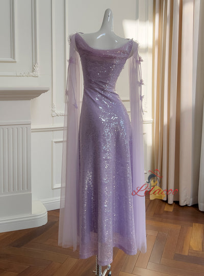 Purple Sequins Tulle Sleeveless Prom Dress