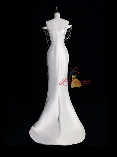 White Mermaid Satin Pleats Wedding Dress