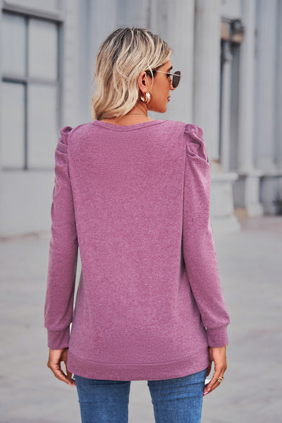 Round Neck Pleated Long Sleeve T-shirt