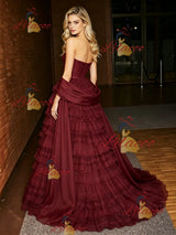 Bugrundy Tulle Tiers Strapless Prom Dress