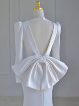 White Mermaid Long Sleeve V-neck Backless Wedding Dress