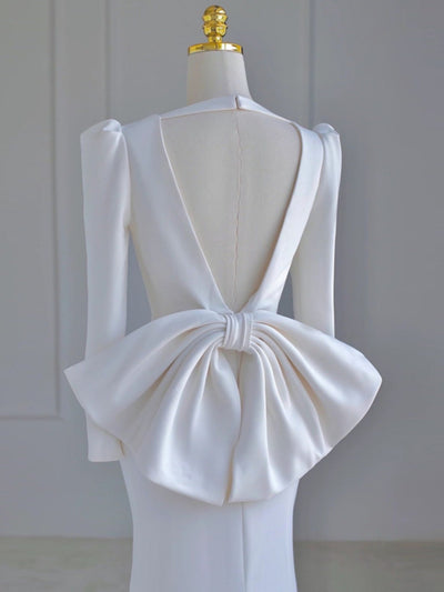 White Mermaid Long Sleeve V-neck Backless Wedding Dress