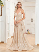 Deep V-neck Sequins Straps Prom Dress