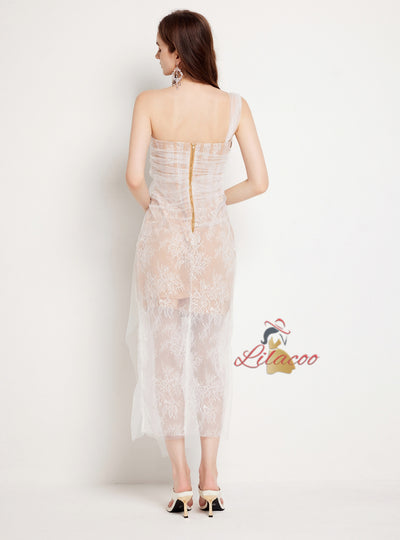 Lace Sequins Stitching Pleated Mesh Slit Dress