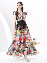 Flying Sleeve V-neck Slim Waist Printed Dress
